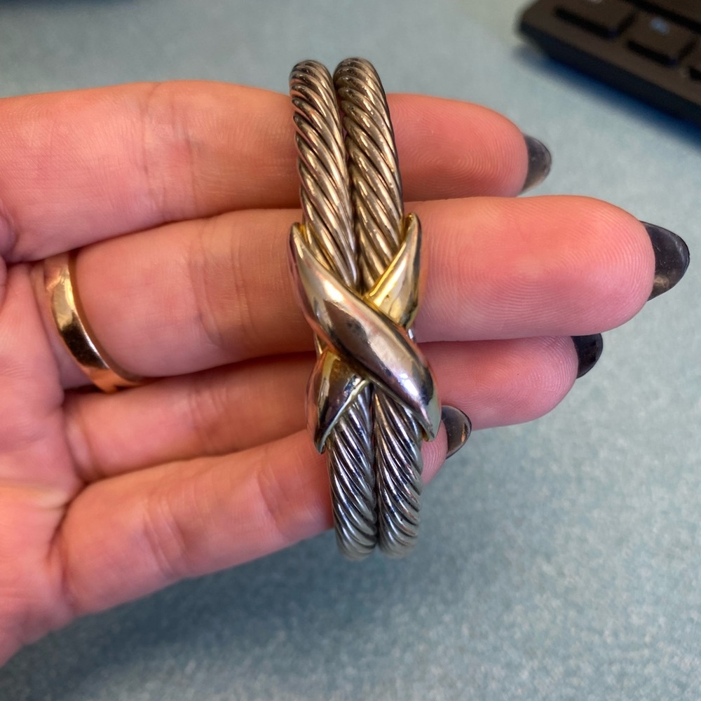 David Yurman Double cable X Cuff bracelet. Gold and Silver